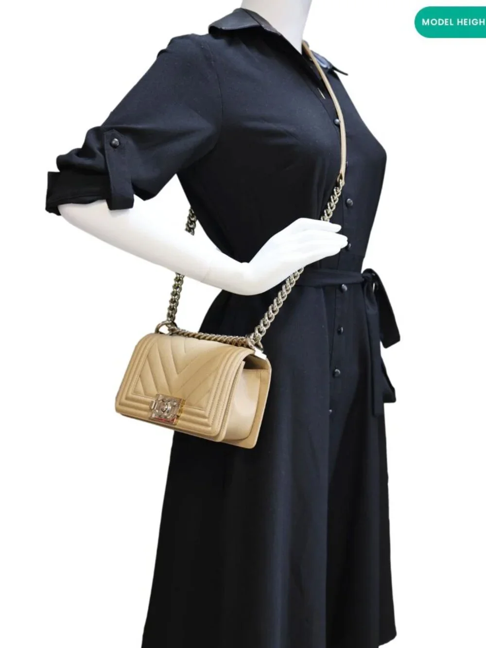 Chanel Boy Flap Small Chevron Leather Shoulder Bag Beige